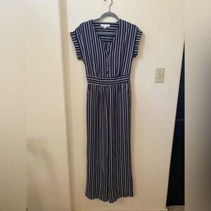 Monteau Los Angeles Navy Blue Jumpsuit Size M Striped Wide-Leg White Stripes